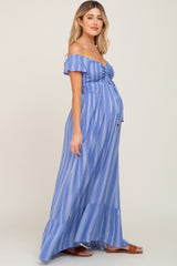 Blue Striped Off Shoulder Front Tie Maternity Maxi Dress