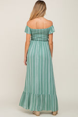 Green Striped Off Shoulder Front Tie Maternity Maxi Dress