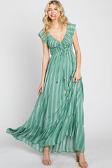 Green Striped Off Shoulder Front Tie Maternity Maxi Dress