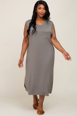 Olive Sleeveless Front Pocket Maternity Plus Midi Dress