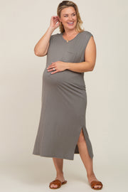 Olive Sleeveless Front Pocket Maternity Plus Midi Dress