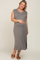 Olive Sleeveless Front Pocket Maternity Plus Midi Dress