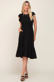 Black Smocked Layered Ruffle Flutter Sleeve Midi Dress