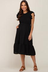 Black Smocked Layered Ruffle Flutter Sleeve Maternity Midi Dress