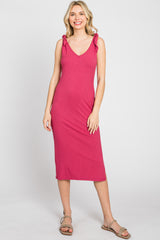 Magenta Ribbed Shoulder Tie Maternity Midi Dress