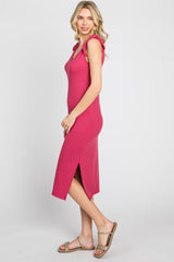 Magenta Ribbed Shoulder Tie Midi Dress