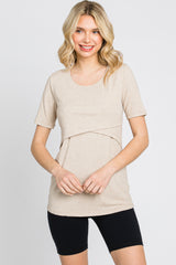 Beige Ribbed Wrap Front Nursing Top