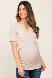 Beige Ribbed Wrap Front Maternity/Nursing Top