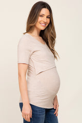 Beige Ribbed Wrap Front Maternity/Nursing Top