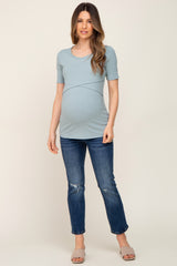 Mint Green Ribbed Wrap Front Maternity/Nursing Top