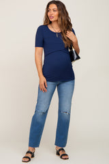 Navy Blue Ribbed Wrap Front Maternity/Nursing Top