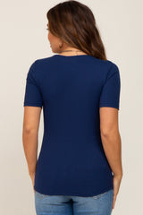 Navy Blue Ribbed Wrap Front Maternity/Nursing Top