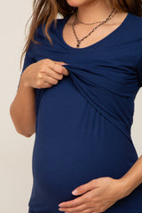 Navy Blue Ribbed Wrap Front Maternity/Nursing Top