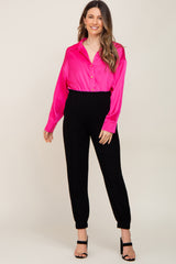 Fuchsia Satin Button Up Maternity Blouse