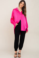 Fuchsia Satin Button Up Maternity Blouse