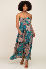 Teal Printed Halter Tassel Front Tie Maternity Maxi Dress