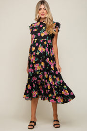 Black Floral Ruffle Shoulder Mock Neck Maternity Midi Dress