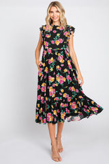 Black Floral Ruffle Shoulder Tiered Midi Dress