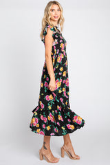 Black Floral Ruffle Shoulder Tiered Midi Dress