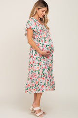 Cream Floral Smocked Flutter Sleeve Maternity Midi Dress