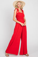 Red Sleeveless Smocked Wide Leg Jumpsuit