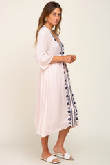 Light Pink Floral Embroidered 3/4 Sleeve Midi Dress