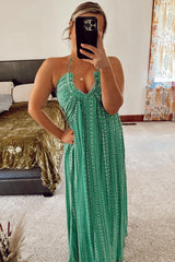 Green Halter Printed Side Slit Maxi Dress