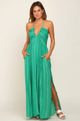 Green Halter Printed Side Slit Maternity Maxi Dress