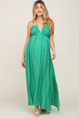 Green Halter Printed Side Slit Maternity Maxi Dress