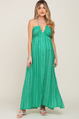 Green Halter Printed Side Slit Maternity Maxi Dress