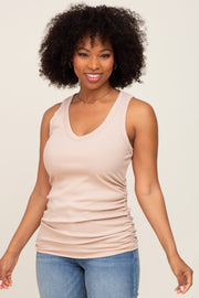 Taupe Ribbed Sleeveless Ruched Tank Top