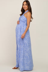 Blue Floral Halter Neck Maternity Maxi Dress