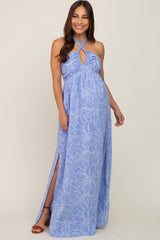 Blue Floral Halter Neck Maternity Maxi Dress