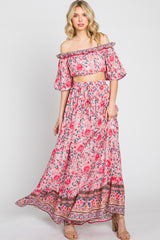 Pink Floral Off Shoulder Maternity Maxi Skirt Set