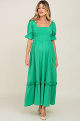 Green Puff Sleeve Ruffle Accent Maternity Maxi Dress