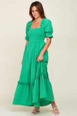 Green Puff Sleeve Ruffle Accent Maternity Maxi Dress