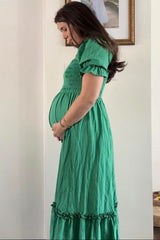 Green Puff Sleeve Ruffle Accent Maternity Maxi Dress