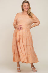 Peach Ditsy Smocked Tiered Off Shoulder Maternity Plus Midi Dress