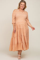 Peach Ditsy Smocked Tiered Off Shoulder Maternity Plus Midi Dress