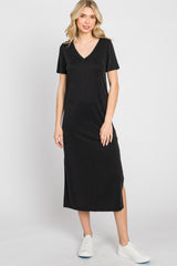 Black V-Neck Short Sleeve Side Slit Maternity Midi Dress