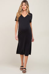 Black V-Neck Short Sleeve Side Slit Maternity Midi Dress