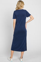 Navy V-Neck Short Sleeve Side Slit Midi Dress