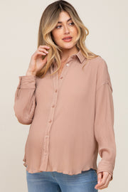 Taupe Plisse Maternity Chiffon Blouse