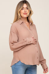 Taupe Plisse Maternity Chiffon Blouse