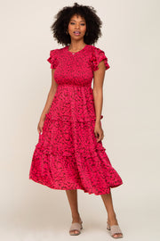 Fuchsia Print Smocked Ruffle Tiered Midi Dress