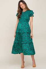 Green Print Smocked Ruffle Tiered Maternity Midi Dress