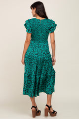 Green Print Smocked Ruffle Tiered Midi Dress