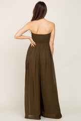 Olive Smocked Strapless Wide Leg Maternity Jumpsuit