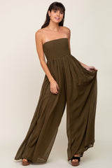 Olive Smocked Strapless Wide Leg Jumpsuit