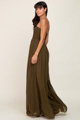 Olive Smocked Strapless Wide Leg Jumpsuit